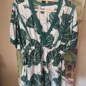 America & Beyond Tropical Palm Leaf V-Neck Dress with Crochet Trim - Size XL